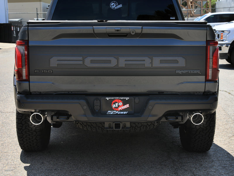 Rear view of a Ford F-150 Raptor showcasing the aFe Vulcan Series Cat-Back Exhaust System with dual tips.