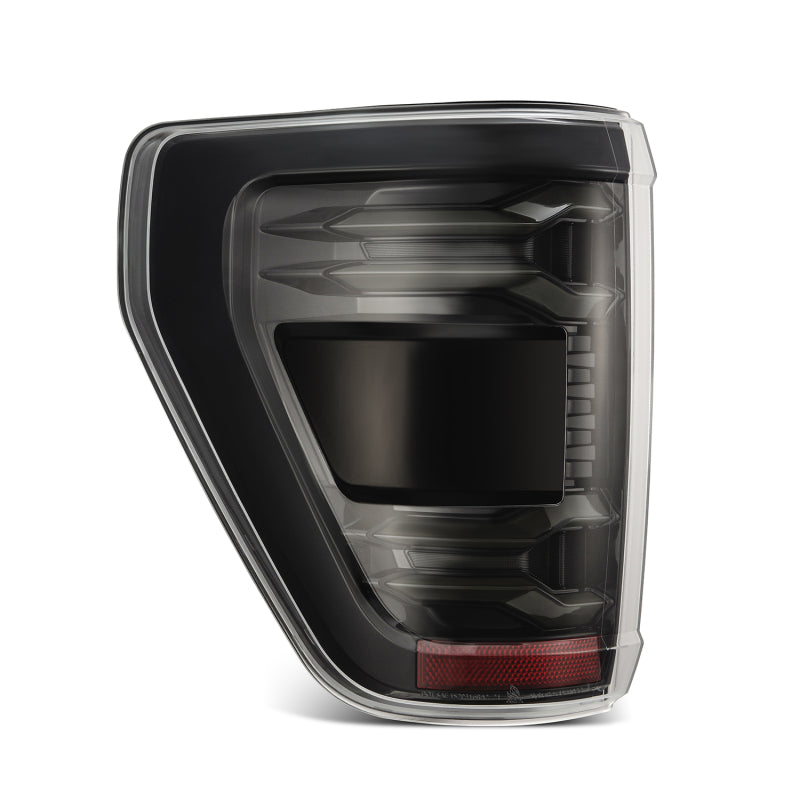 AlphaRex LUXX LED taillights for 21-23 Ford F-150 in Alpha-Black finish with BLIS technology for enhanced visibility.