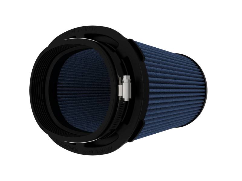 aFe MagnumFLOW Pro 5R Air Filter featuring a blue pleated design with a durable black frame, optimized for airflow and performance.