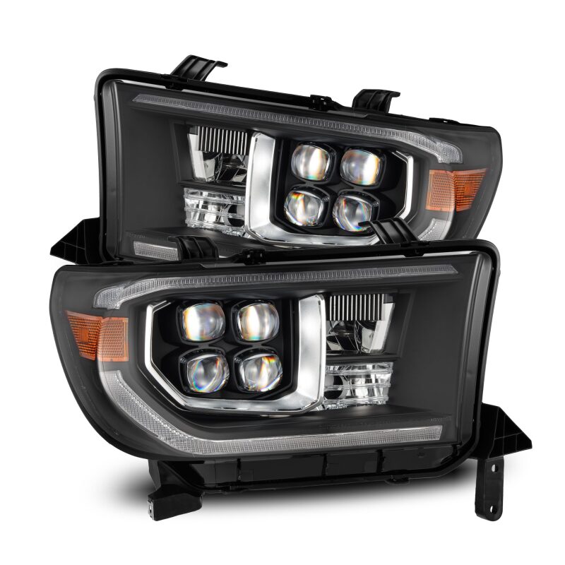 AlphaRex NOVA LED projector headlights for 07-13 Toyota Tundra and 08-17 Sequoia with black housing and sequential turn signals.