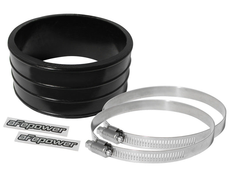 Black afe Magnum FORCE Intake Coupling Kit with straight coupler, two stainless steel clamps, and branding stickers.