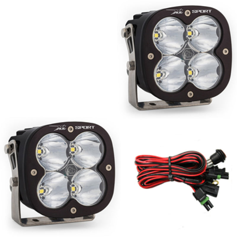 Baja Designs XL Sport Series LED light pods with high-speed spot pattern, featuring four powerful lights and wiring harness.