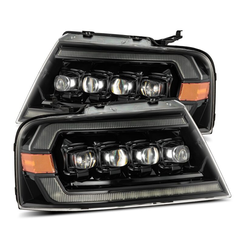 AlphaRex NOVA-Series LED projector headlights for 2004-2008 Ford F-150, featuring chrome finish and sequential signals.