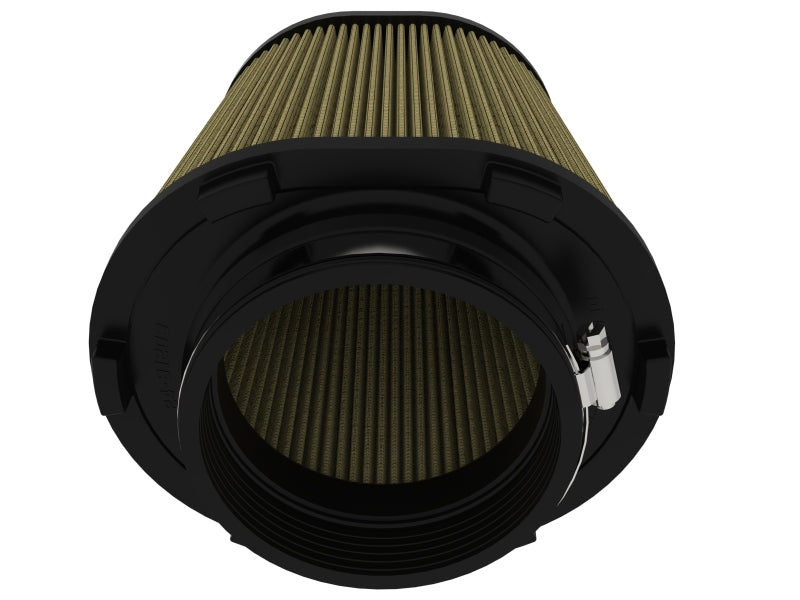 afe Magnum FORCE replacement air filter featuring a cylindrical design with a black frame and pleated filter media, dimensions 4.5 inches inlet, 8 inches height.