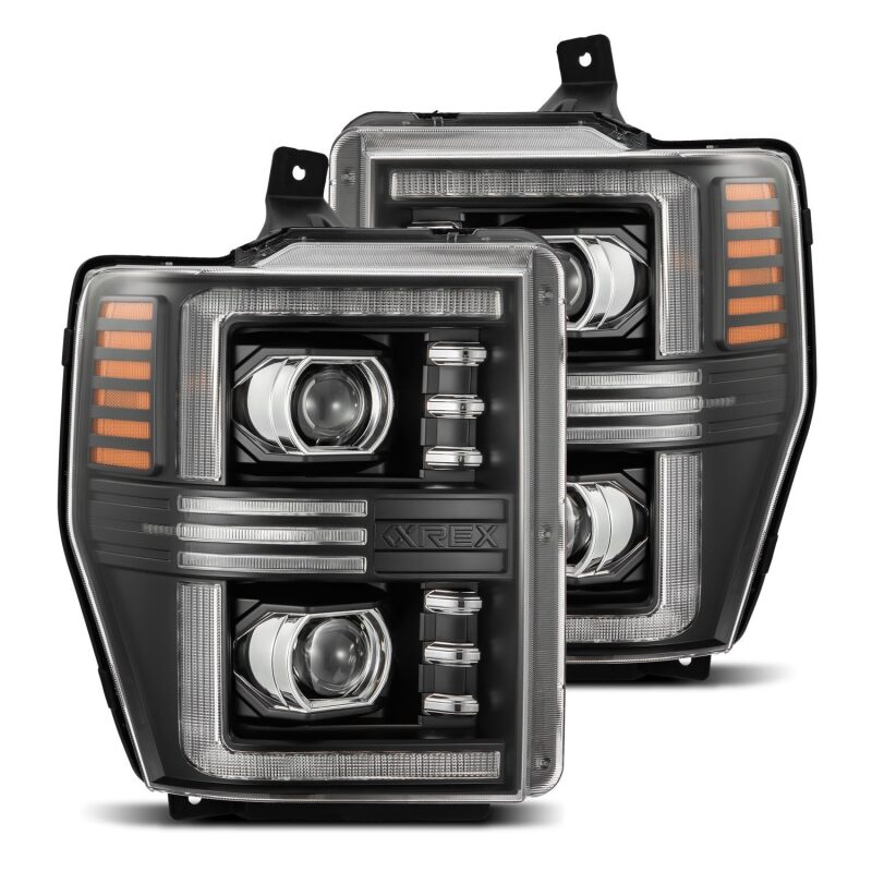 AlphaRex PRO-Series projector headlights for 08-10 Ford F250-550 in black with sequential signal and active light features.