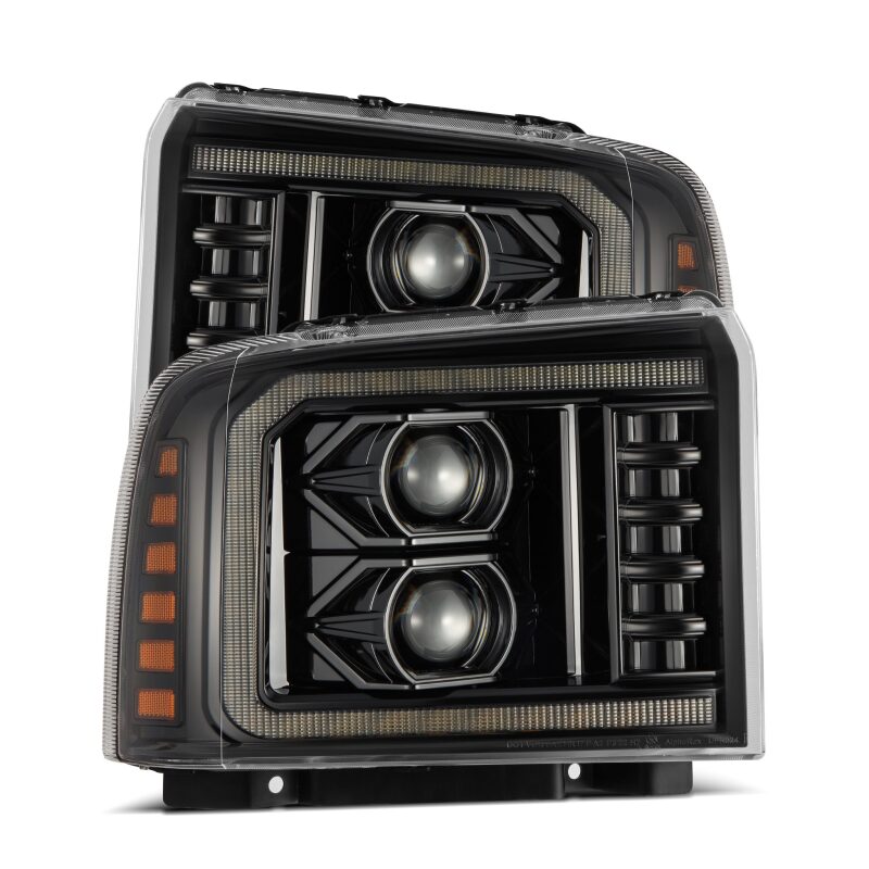 AlphaRex PRO-Series projector headlights for 05-07 Ford F250-550 in alpha-black finish, featuring dual projector lenses.