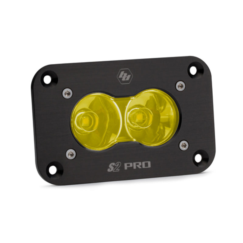 Baja Designs S2 Pro flush mount LED work light with amber lenses, designed for offroad and work applications.