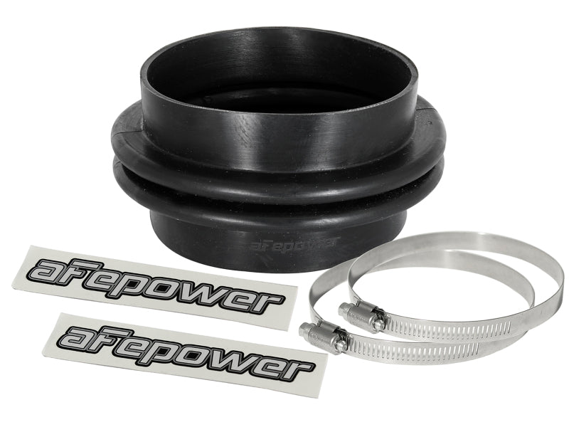 Black afe Magnum FORCE Intake Coupling Kit featuring a 3-inch ID elbow coupler, two stainless steel clamps, and branded stickers.