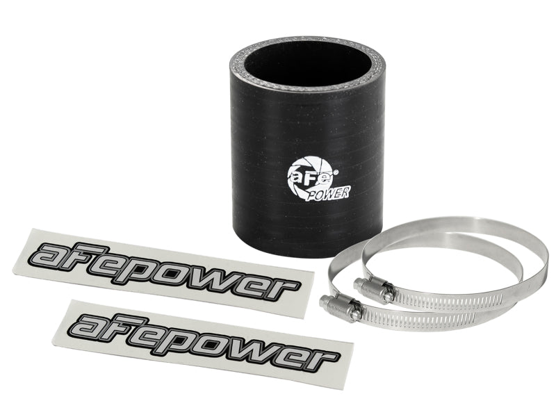 Black afe Magnum FORCE Intake Coupling Kit featuring a straight coupler, two stainless steel clamps, and logo stickers.