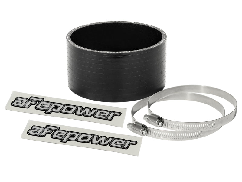 Black afe Magnum FORCE Intake Coupling Kit featuring a straight coupler, two hose clamps, and aefpower stickers.