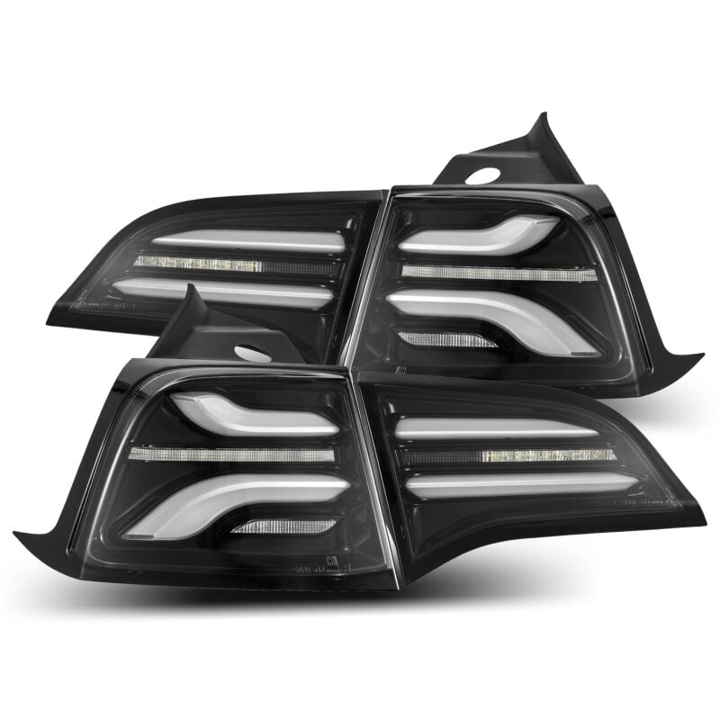 AlphaRex PRO-Series LED tail lights for 2017-2022 Tesla Model 3 in jet black with sequential signals.