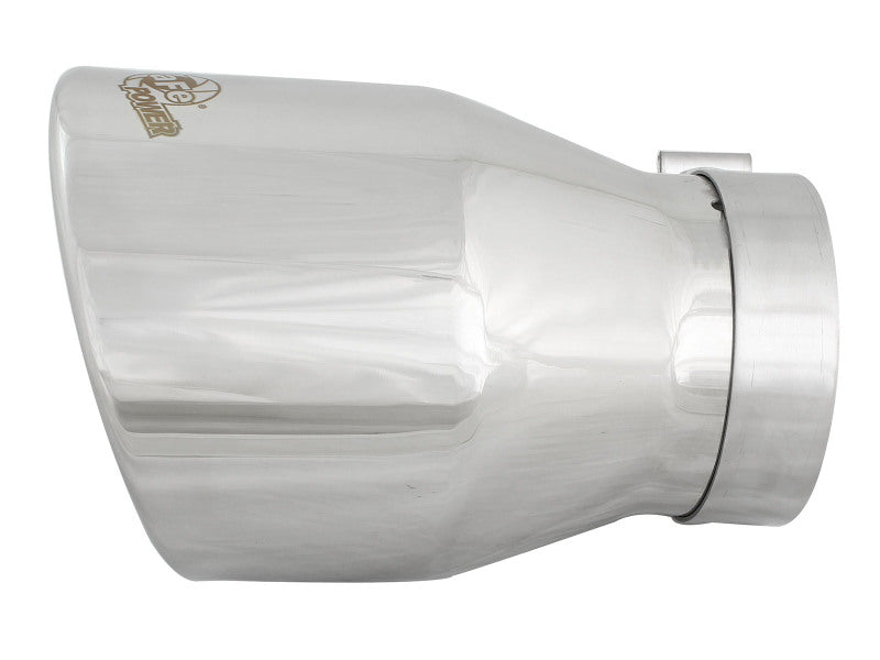 Polished afe MACH Force-Xp universal exhaust tip with a 4-inch inlet, 6-inch outlet, and 9-inch length for enhanced performance.