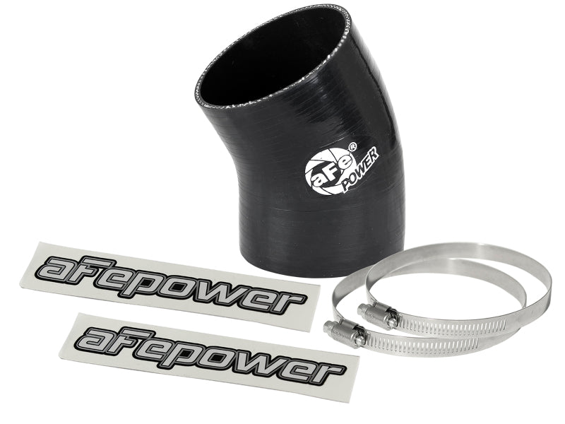 Black afe Magnum FORCE Intake Coupling Kit featuring a 3-inch ID elbow coupler, two hose clamps, and branded stickers.