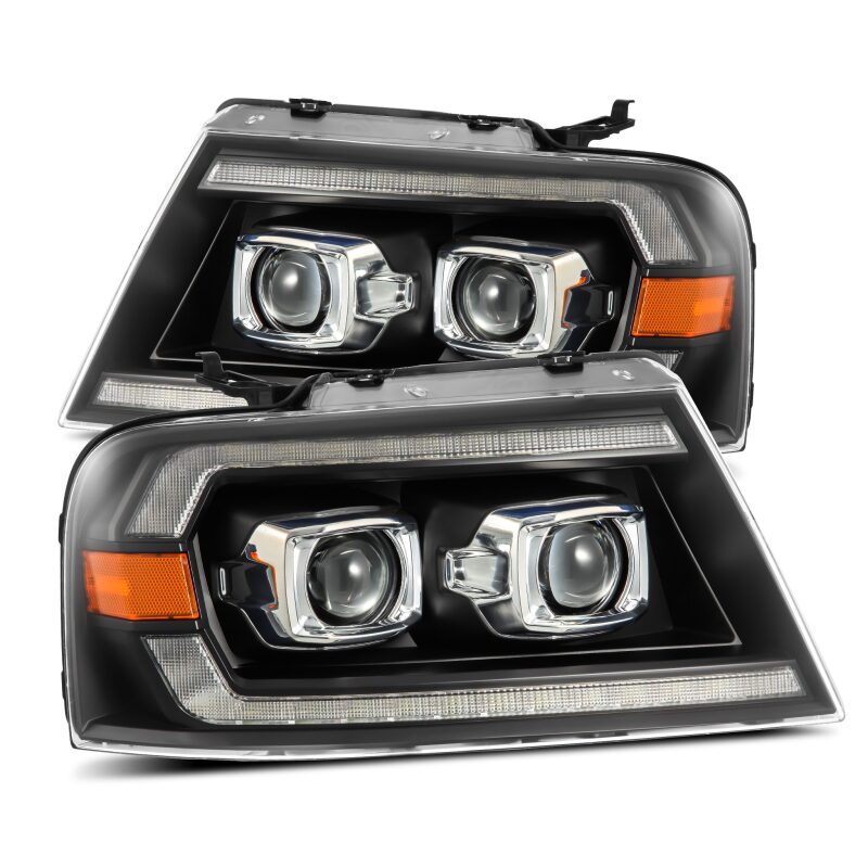 AlphaRex LUXX-Series LED projector headlights for 2004-2008 Ford F-150, featuring black housing and sequential signals.