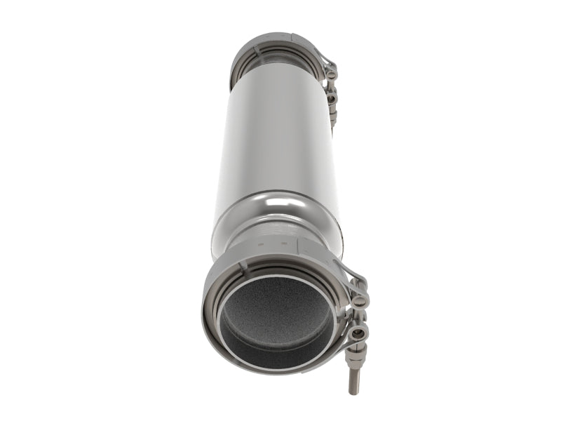 Afe MACH Force-Xp resonator with 3-inch inlet and outlet, 4-inch diameter, and 16-inch overall length, showcasing its sleek design.