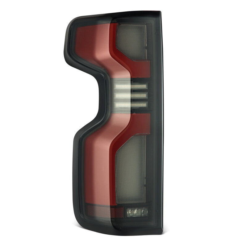 AlphaRex LUXX-Series LED tail light for 2019-2024 Chevy Silverado 1500 and 2020-2024 2500HD/3500HD in red finish.