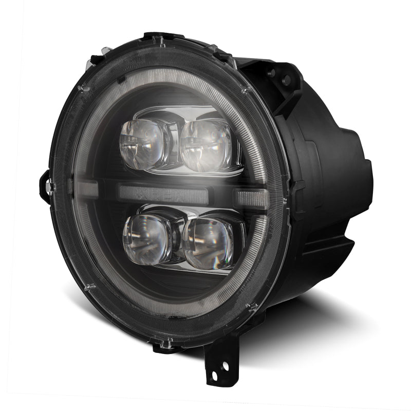 AlphaRex LED projector headlights for 2018-2023 Jeep Wrangler JL and Gladiator JT with black housing and sequential signals.