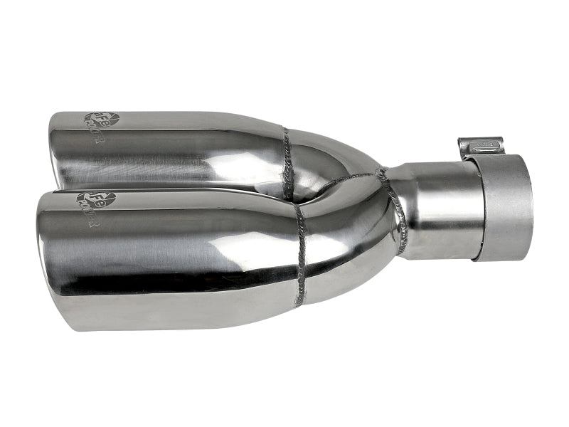 Stainless steel afe MACH Force-Xp exhaust tip with 2-1/2 inch inlet, 3-1/2 inch outlet, and 12 inch length.