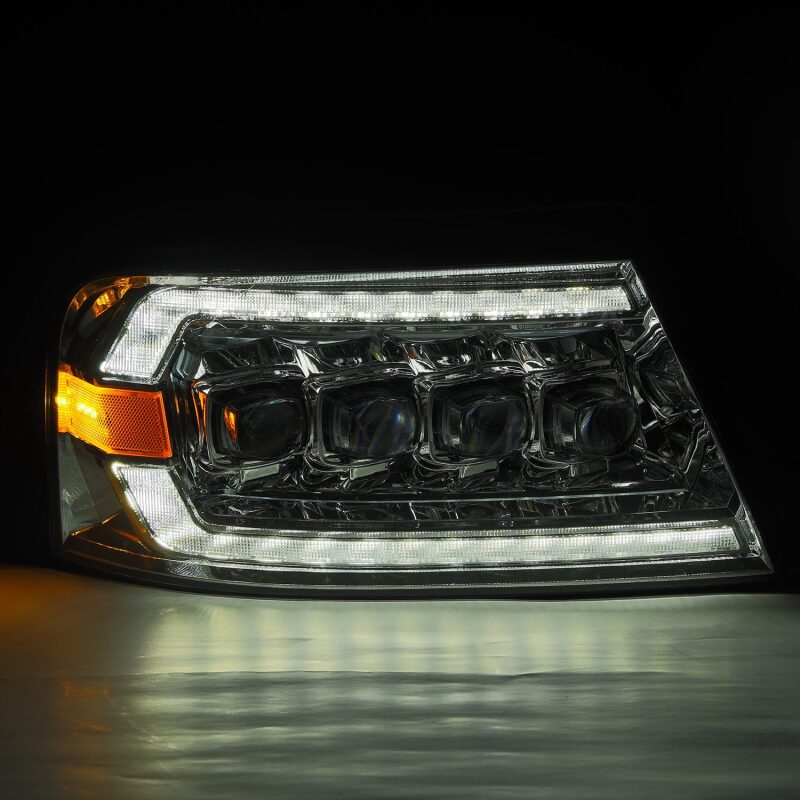 AlphaRex NOVA LED projector headlights for 04-08 Ford F150 and 06-08 Lincoln Mark LT with chrome finish and sequential lighting.