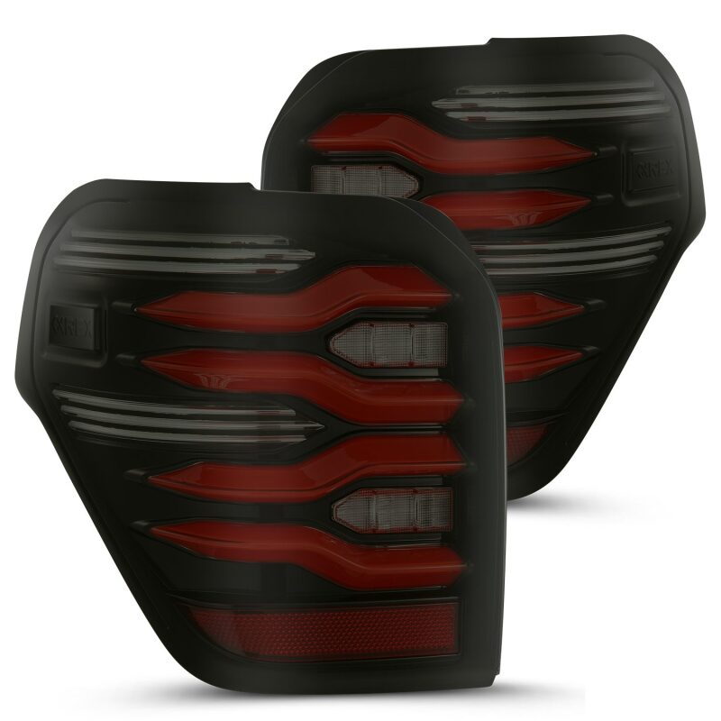 AlphaRex LUXX LED taillights for 10-21 Toyota 4Runner in black and red with sequential signal and activation light.