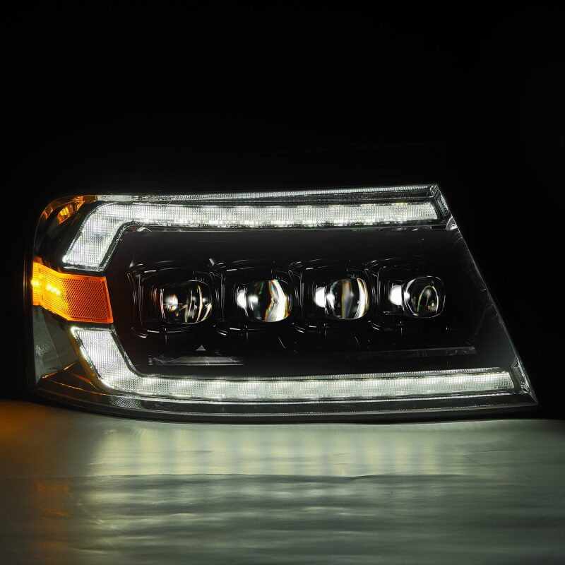 AlphaRex NOVA-Series LED projector headlights for 2004-2008 Ford F-150, featuring chrome finish and sequential signals.