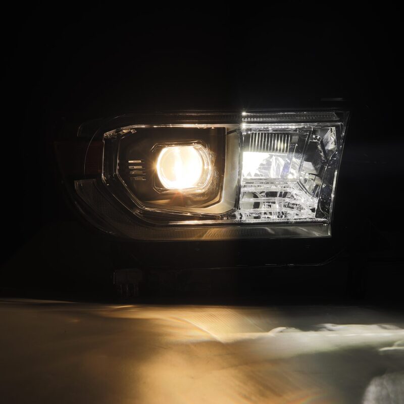 AlphaRex LUXX LED projector headlight for 07-13 Toyota Tundra and 08-17 Sequoia with chrome finish, active light, and sequential signal.