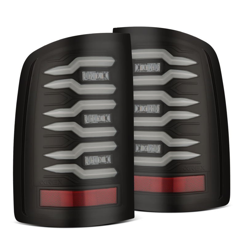 AlphaRex Luxx-Series LED tail lights for 07-13 GMC Sierra 1500 and 07-14 2500/3500HD, featuring a sleek black design.