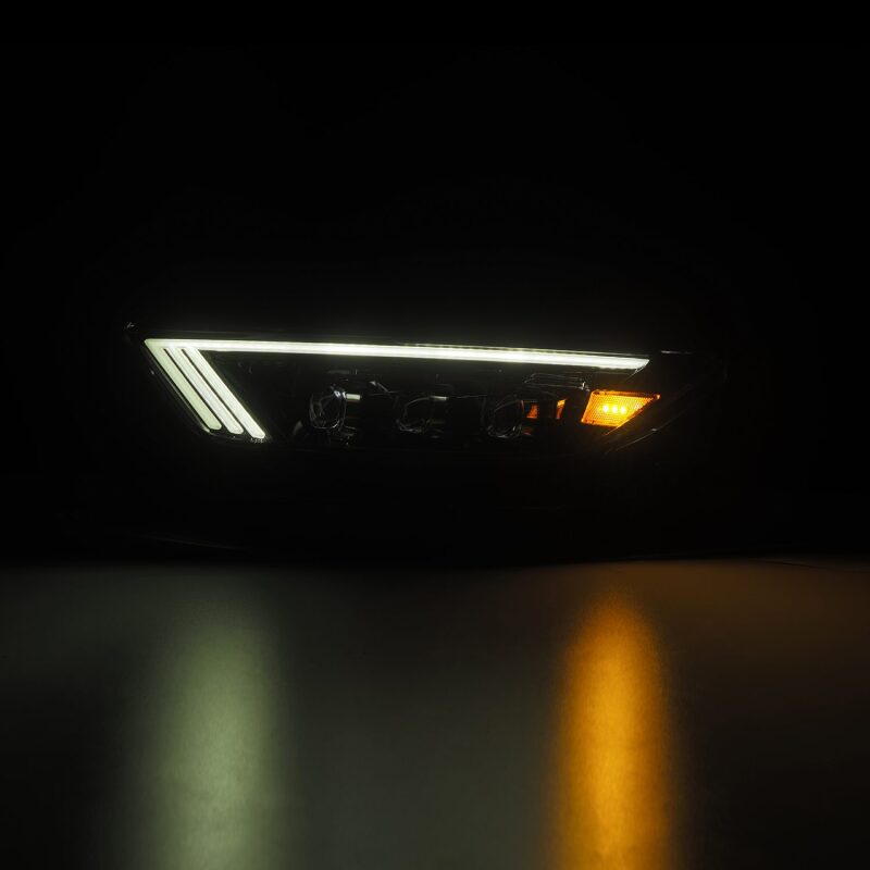 AlphaRex NOVA LED projector headlights for 2015-2017 Ford Mustang in black with sequential signal and switchback DRL.