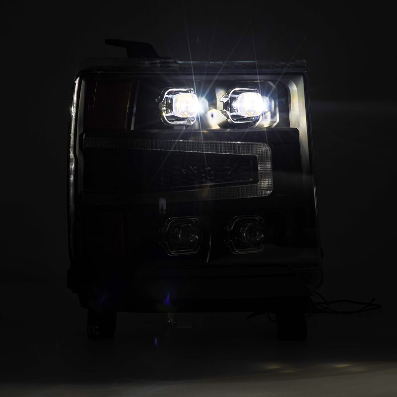 AlphaRex NOVA-Series LED projector headlights for 2016-2018 Chevy 1500HD with active lighting and sequential signals.