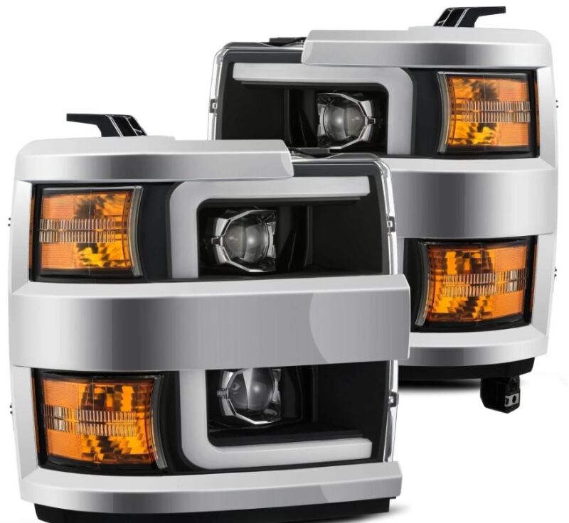 AlphaRex LUXX-Series projector headlights for 2015-2019 Chevy Silverado 2500/3500 in black with sequential signals and daytime running lights.