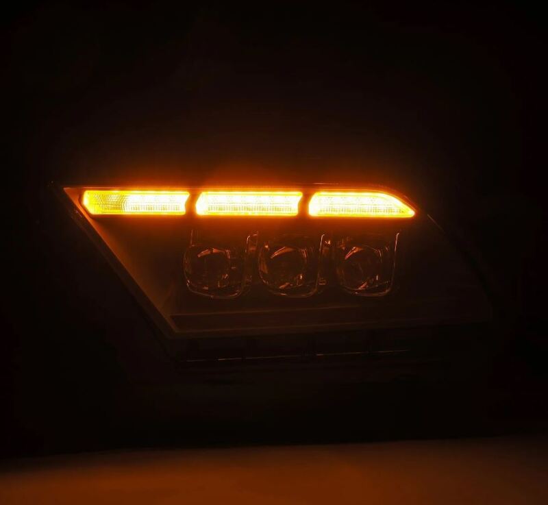 AlphaRex NOVA-Series LED projector headlights for 10-12 Ford Mustang in black with sequential signal lights.