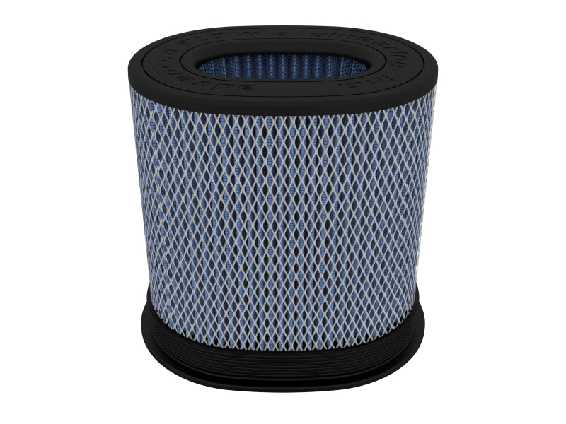 Afe Momentum replacement air filter featuring a cylindrical design with a blue mesh and black rubber base, measuring 6.5x4.75 inches.