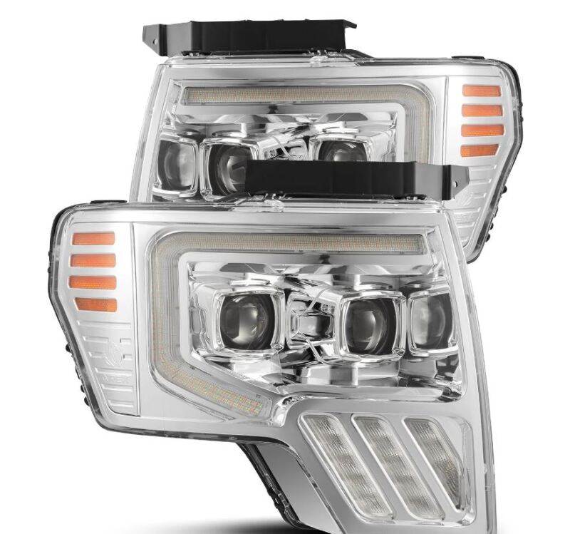 AlphaRex PRO-Series projector headlights for 09-14 Ford F-150 with plank style chrome, active light, and sequential signal.
