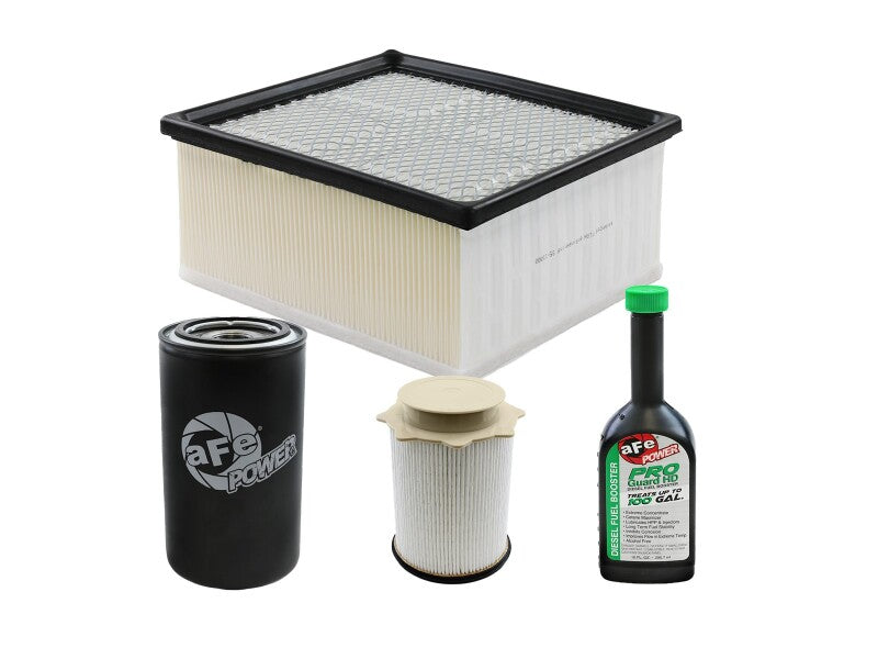 aFe PROGUARD Filter Master Pack for RAM Diesel Trucks 2010-2012 includes air, oil, and fuel filters with cleaning solution.
