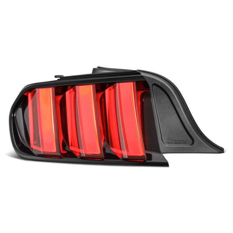 AlphaRex 15-23 Ford Mustang NOVA-Series prismatic LED tail lights in alpha-black finish, featuring a sleek design and vibrant illumination.