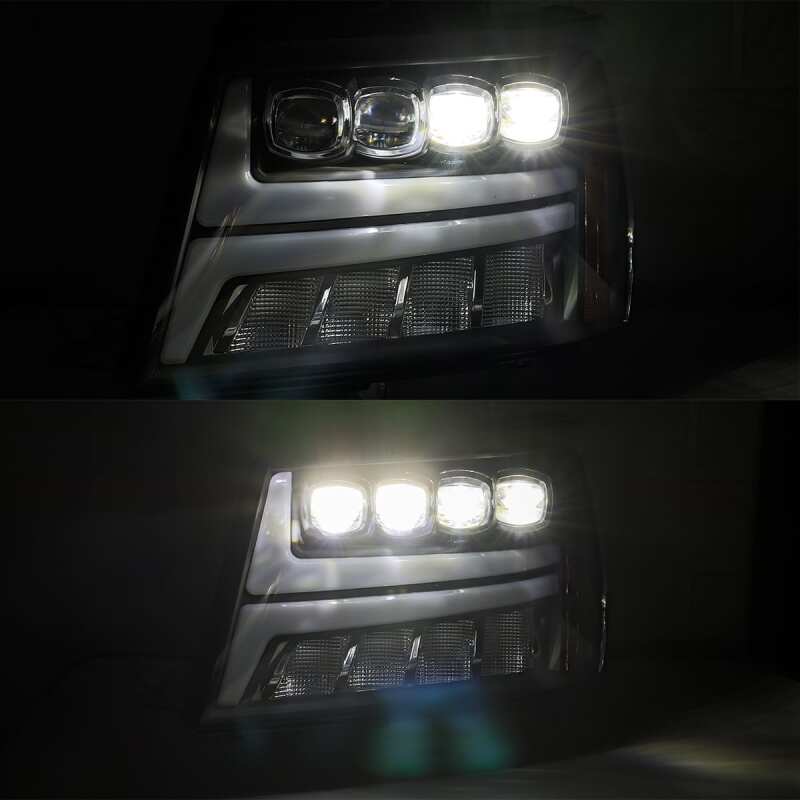 AlphaRex projector headlights for 07-13 Toyota Tundra and 08-17 Sequoia, featuring chrome finish and sequential signals.