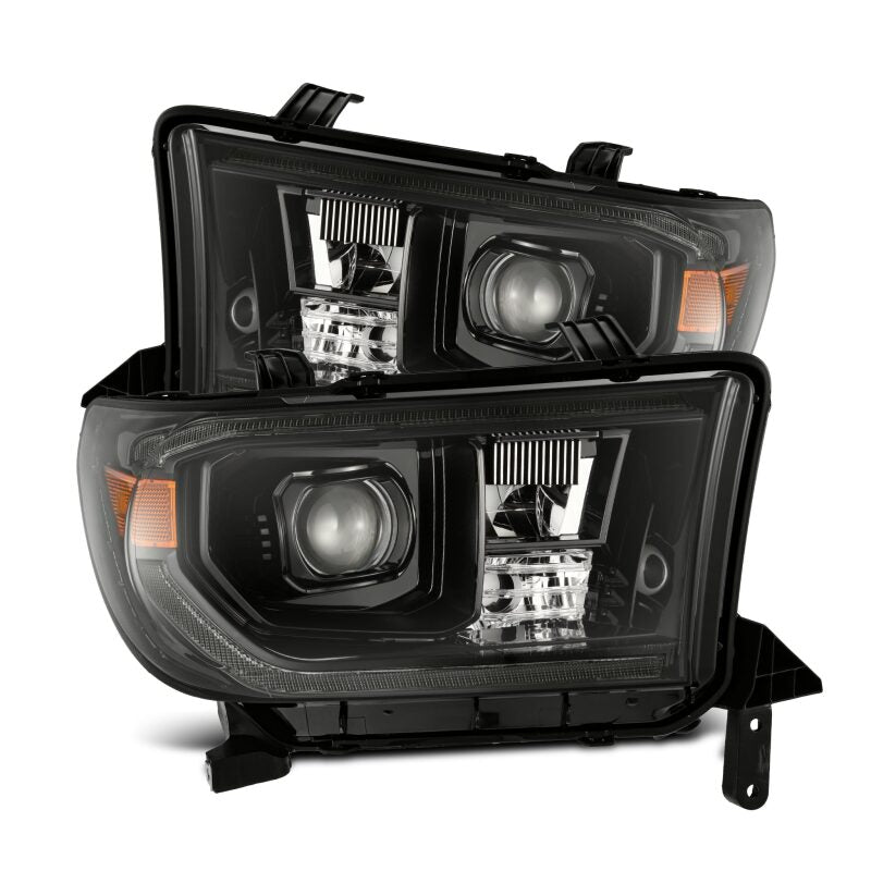 AlphaRex LUXX LED projector headlights for 2007-2013 Toyota Tundra and 2008-2017 Sequoia in black with sequential signals and DRL.