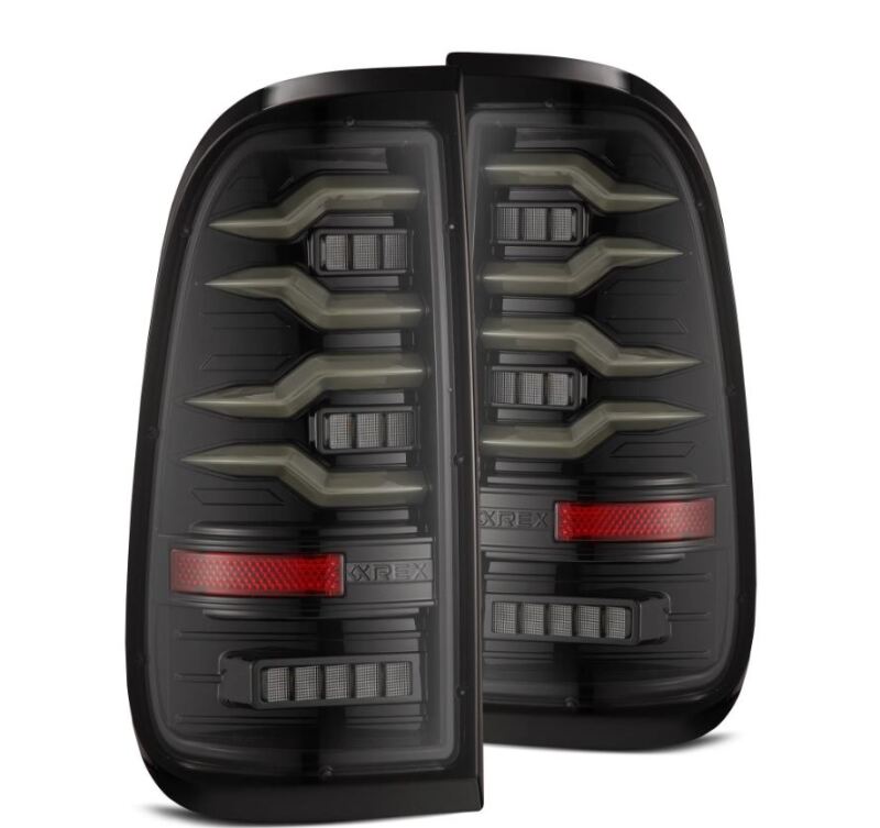 AlphaRex LUXX-Series LED tail lights for 97-03 Ford F150 and 99-16 Ford Super Duty in alpha-black finish.