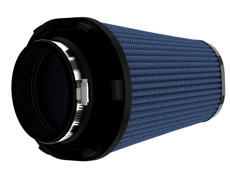 afe Track Series intake replacement air filter featuring a blue mesh design, measuring 4 inches in diameter and 7 inches tall.