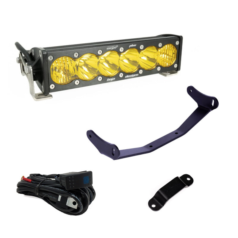 Baja Designs Can-Am Maverick R Amber 10in OnX6+ Shock Tower Kit with mounting brackets and wiring harness for off-road lighting.