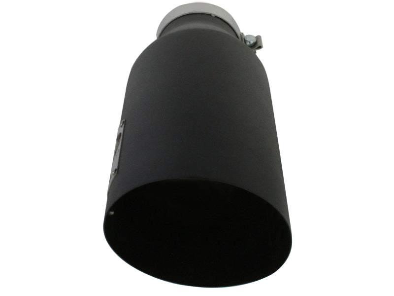 Afe MACH Force-Xp universal exhaust tip with a 4-inch inlet, 7-inch outlet, and 18-inch length, featuring a sleek black finish.
