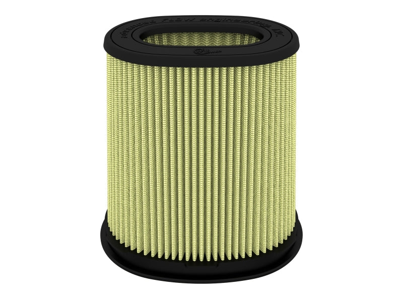 Afe Momentum replacement air filter with a cylindrical design, featuring pleated filtration material for enhanced airflow.