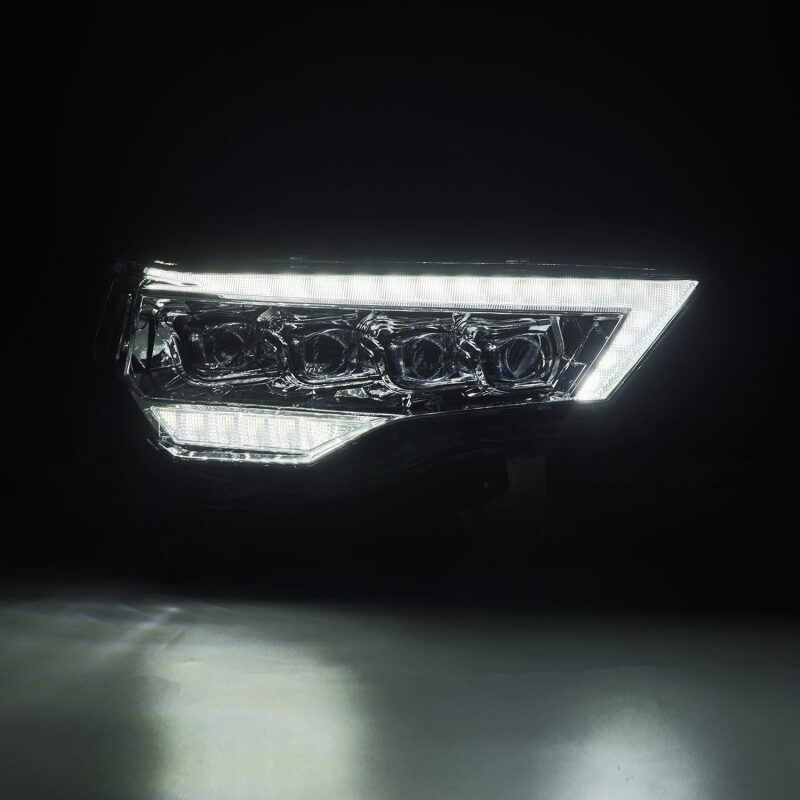 AlphaRex NOVA LED projector headlights for 14-22 Toyota 4Runner featuring chrome finish, sequential signals, and DRL.
