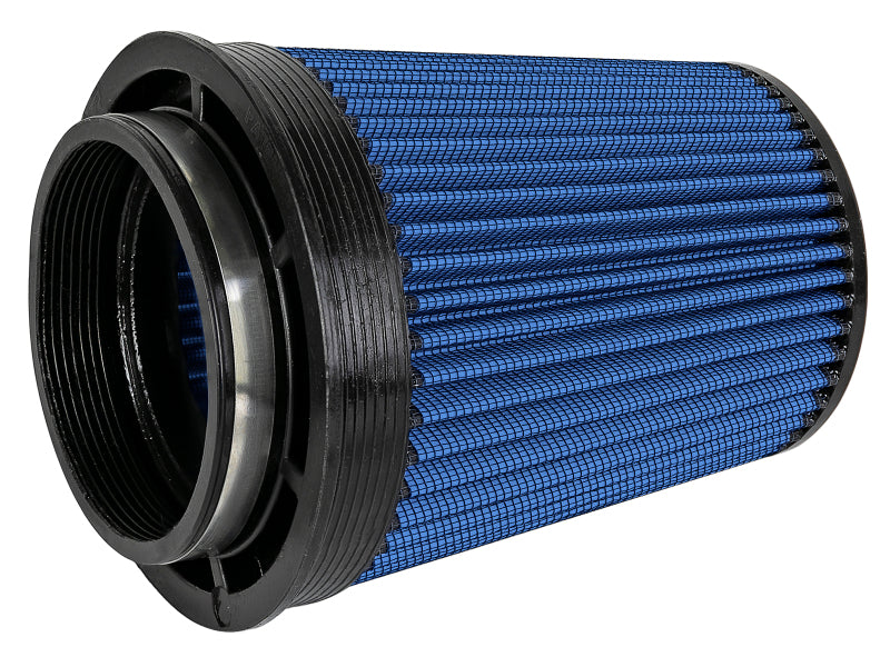 Afe Momentum intake replacement air filter featuring a blue pleated design, measuring 5 inches front, 7 inches back, 5 inches top, and 8 inches height.