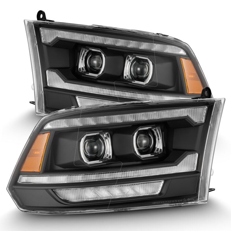 AlphaRex PRO-Series projector headlights for 09-18 Ram 1500/2500 in black, featuring sequential signals and DRL.