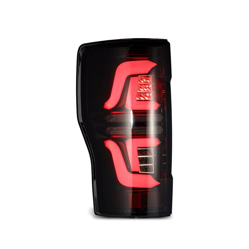 AlphaRex PRO-Series LED tail lights for 2017-2019 Ford F250 Super Duty in red smoke finish, designed without blind spot sensor.