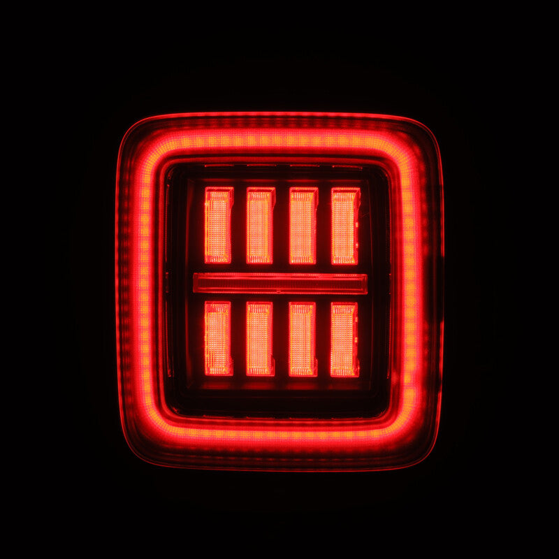 AlphaRex NOVA Prismatic LED taillights for 2018-2023 Jeep Wrangler JL in black and red design, showcasing bright LED illumination.