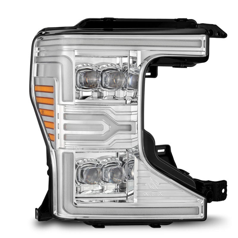 AlphaRex NOVA-Series LED projector headlights for 20-22 Ford F-250/350/450/550, featuring chrome finish and daytime running lights.
