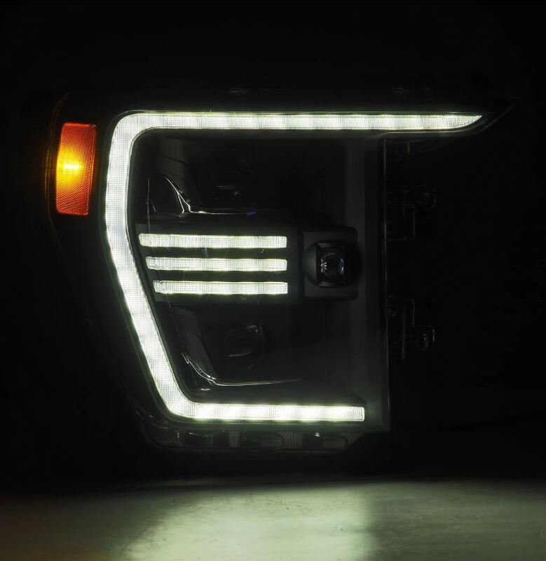 AlphaRex 21-22 Ford F150 PRO-Series projector headlights in black with active light and sequential signal features.