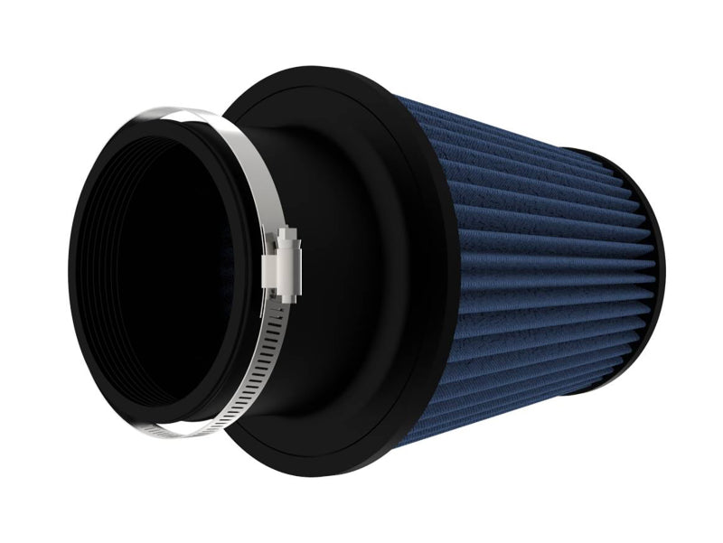 Universal air filter with inverted design, featuring a blue filter element and black rubber base for enhanced airflow.